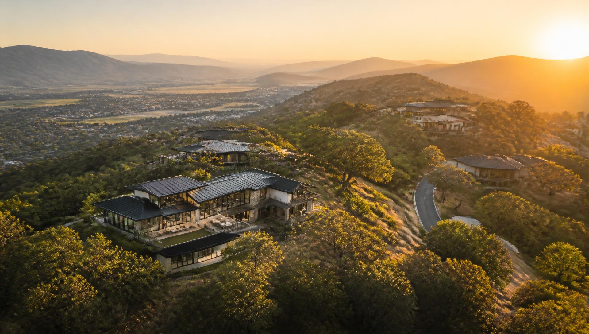 Golden hour view of a Southern Oregon hillside neighborhood with oak trees above the Rogue Valley